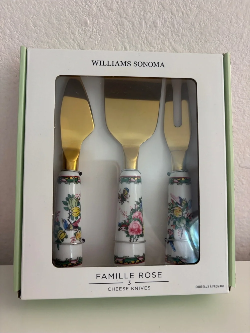 Williams Sonoma Famille Rose Gold-Tone Cheese Knife Set with Floral Handles